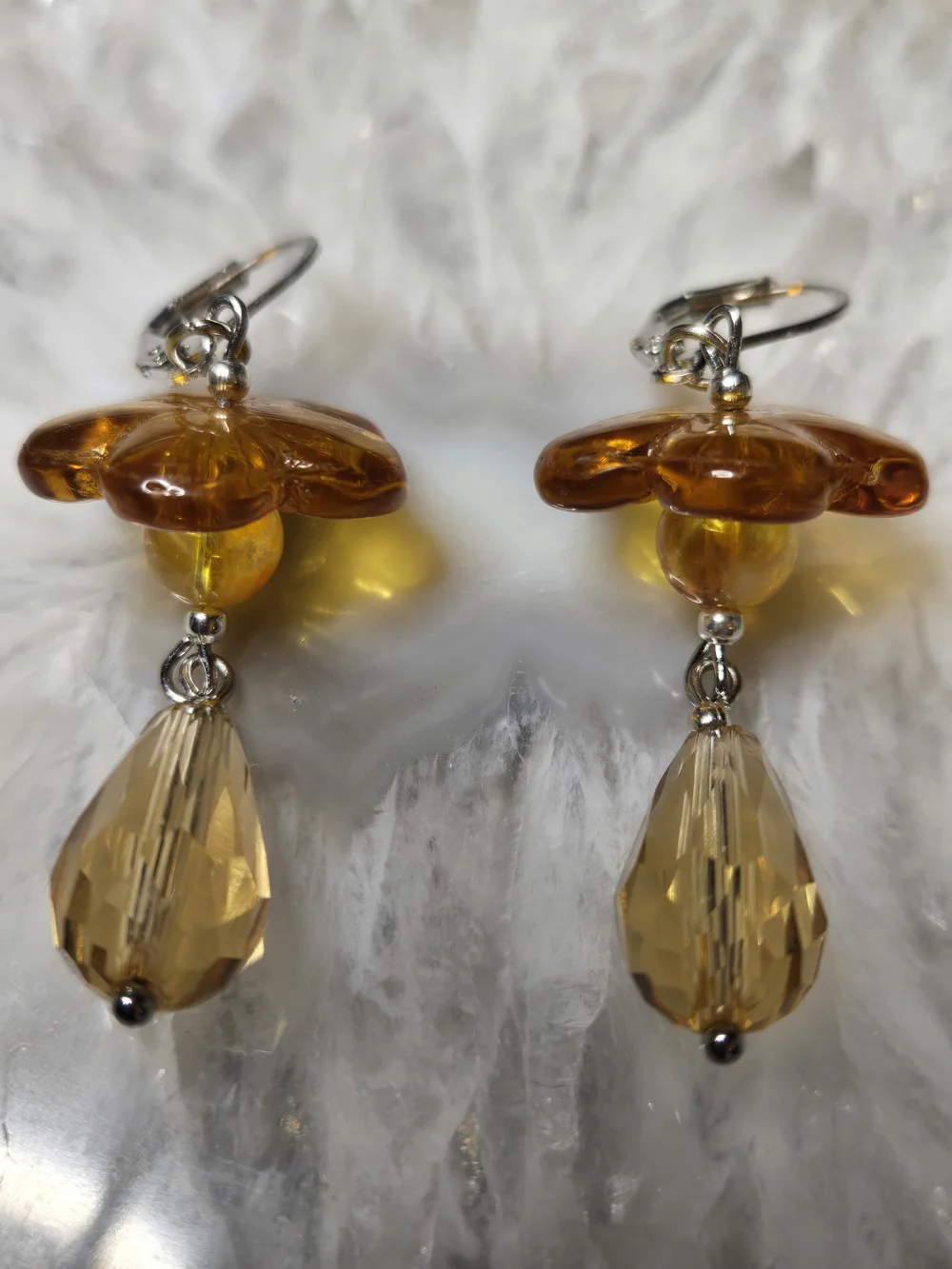 Yellow Amber Glass Flower And Citrine Earrings